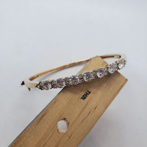 Gold Plated Sterling Silver Hinged Bangle Bracelet with CZs